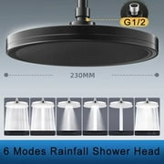 6 Modes Big Panel Large Flow High Pressure Ceiling Mounted Shower Head Rainfall Water Saving Faucet Supercharge Top Showerhead (Black)