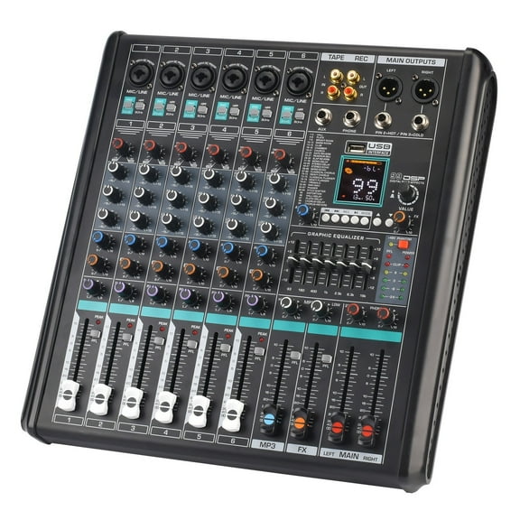 6 Mono Channel Mixing Console Monitor Low Cut 99 DSP Effect PAD Audio Sound Mixer 7 Band EQ USB Record