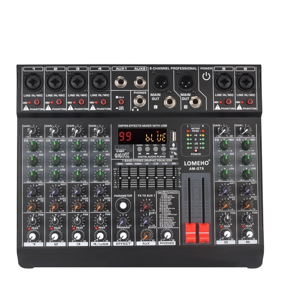 6 Mono Channels Mixing Console 99 Digital Effects Bluetooth USB PC Sound Mixer With 48V For Church AM-GT6 ,Easy to Operate