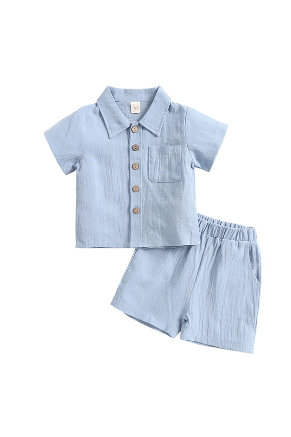 6 Month Boy Clothes Summer Clothes Sets for Boys Children's Solid Color Short Sleeves Upper Garment Button Up Tops and Shorts Two-Piece Set for Kids(1-12 Years)
