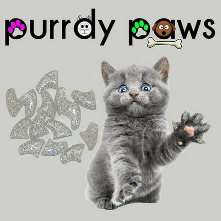 6 Month Supply - Purrdy Paws Silver Holo Glitter Soft Nail Caps for Medium Cats Claws - Extra Adhesives