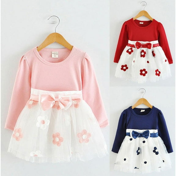 6 Months-5 Years Toddler Baby Flower Dresses Girls,Long Sleeve Dress Girl Cotton Patchwork Bow Dresses ,Baby Girl Tutu Dress,Spring Fall Clothes Fluffy Dress Princess Dress Casual Dress