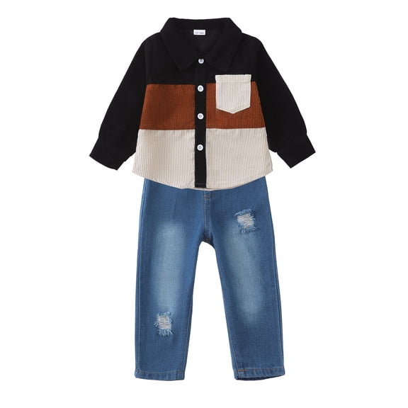 6 Months Baby Boys Clothes 12 Months Boys 2PCS Fall Winter Outfits Set Infant Boys Long Sleeve Top Denim Pants Set Black