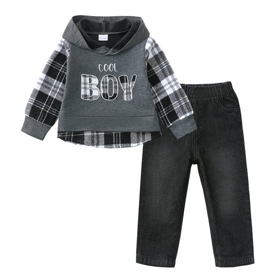 6 Months Baby Boys Clothes 12 Months Boys 2PCS Hoodie Outfits Set Letter Print Infant Boys Long Sleeve Hoodie Top Denim Pants Set Gray