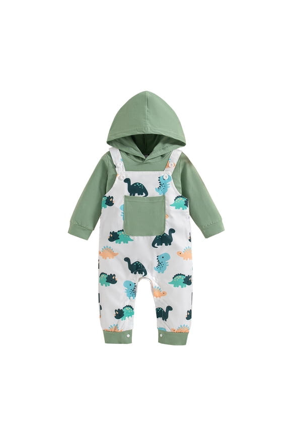 6 Months Baby Boys Clothes 12 Months Boys 2PCS Outfits Set Dinosaur Print Infant Boys Long Sleeve Hoodie Top Overalls Pants Set Green