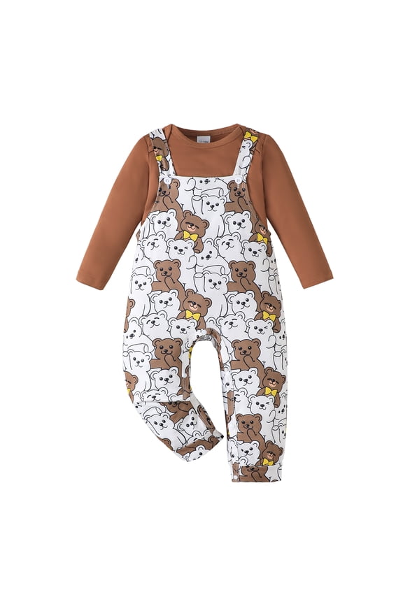 6 Months Baby Boys Clothes 12 Months Boys 2PCS Romper Outfits Set Cute Bear Print Infant Boys Long Sleeve Top Overalls Pants Set Brown