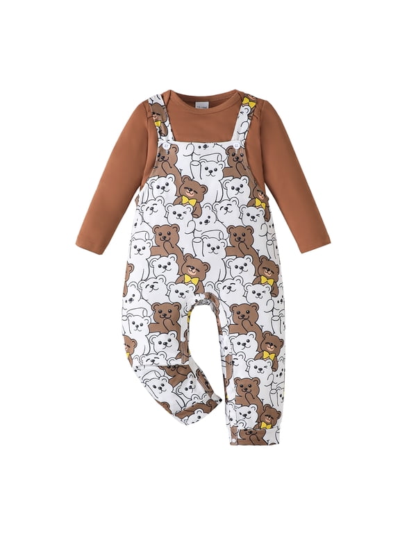 6 Months Baby Boys Clothes 12 Months Boys 2PCS Romper Outfits Set Cute Bear Print Infant Boys Long Sleeve Top Overalls Pants Set Brown