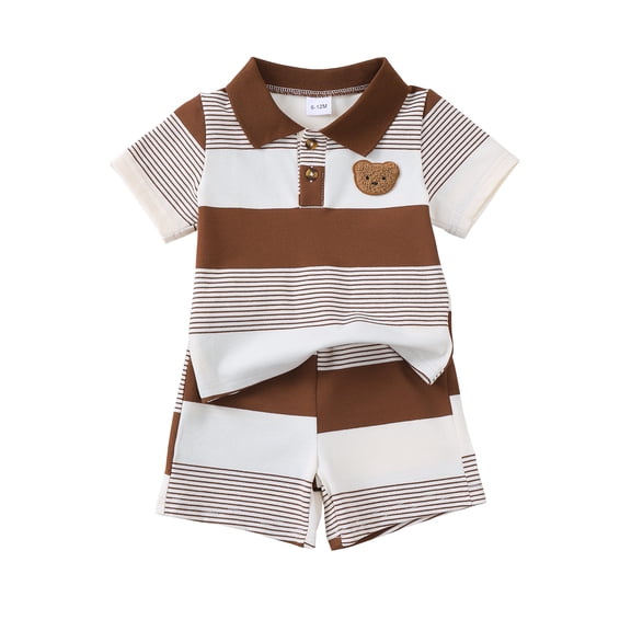6 Months Baby Boys Clothes 12 Months Boys 2PCS Summer Outfits Set Color-blocked Stripe Short Sleeve Lapel Top Shorts Set Brown