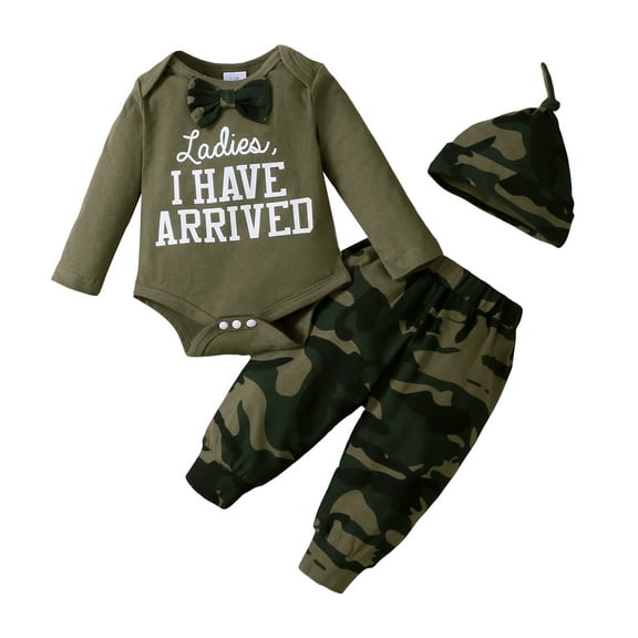 6 Months Baby Boys Clothes 12 Months Boys 3PCS Fall Winter Outfits Set Letter Print Infant Boys Long Sleeve Top Camo Pants Set with Hat Green