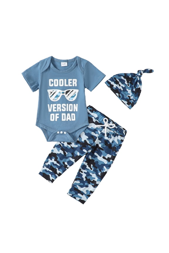 6 Months Baby Boys Clothes 12 Months Boys 3PCS Outfits Set Letter Glasses Print Infant Boys Short Sleeve Top Camo Pants Set with Hat Blue