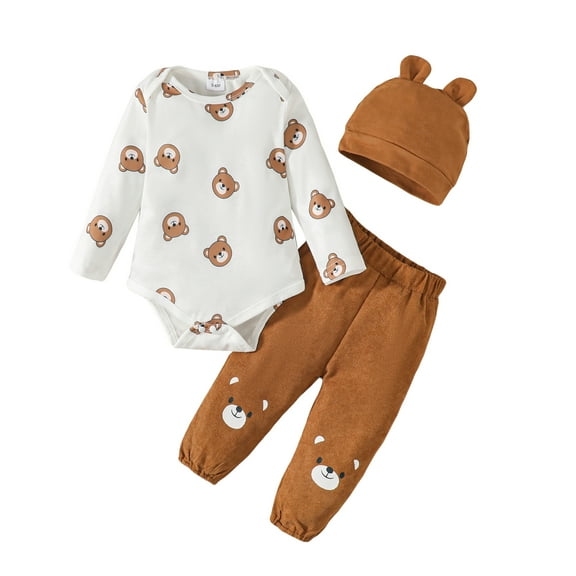 6 Months Baby Boys Clothes 12 Months Boys 3PCS Romper Outfits Set Cute Bear Print Infant Boys Long Sleeve Top Pants Set with Hat Brown