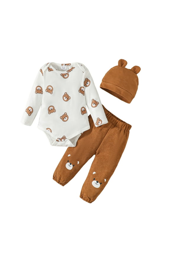 6 Months Baby Boys Clothes 12 Months Boys 3PCS Romper Outfits Set Cute Bear Print Infant Boys Long Sleeve Top Pants Set with Hat Brown