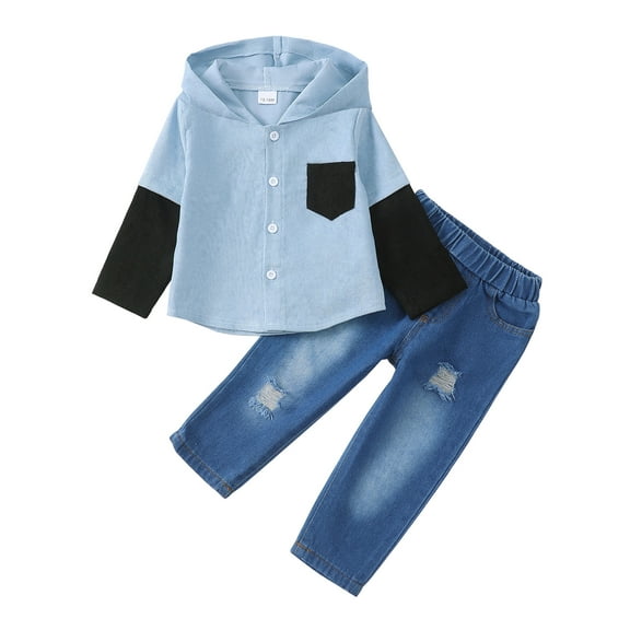 6 Months Baby Boys Clothes 12 Months Boys Fall Winter Pant Set Infant Boys Long Sleeve Hooded Top Jeans Pants 2PCS Outfits Set Blue