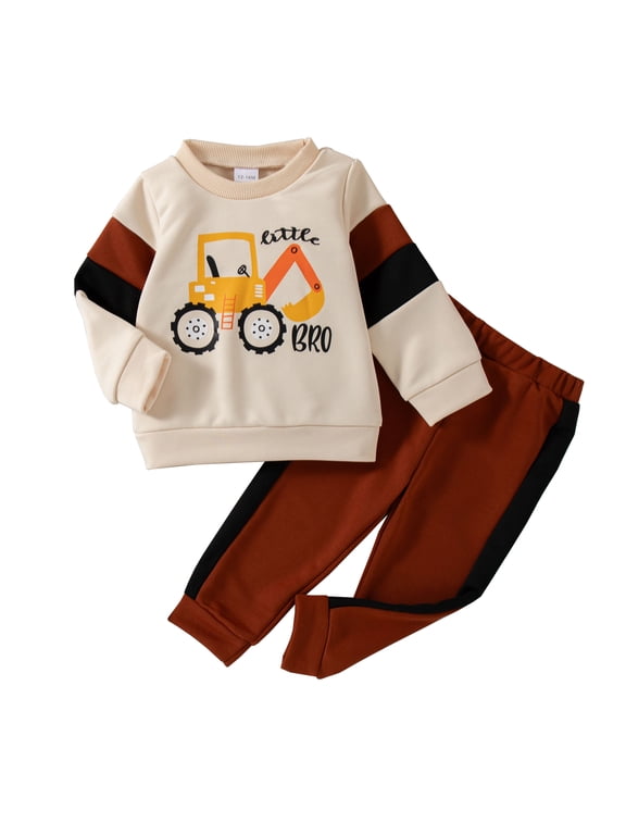 6 Months Baby Boys Clothes 12 Months Boys Fall Winter Pant Set Infant Boys Long Sleeve Round Neckline Excavator Print Top Pants 2PCS Outfits Set Brown
