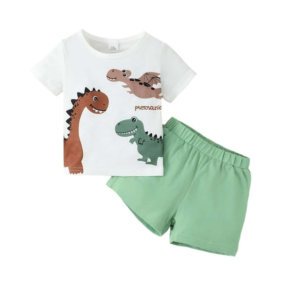 6 Months Baby Boys Clothes 9 Months Boys 2PCS Summer Outfits Set Dinosaur Print Infant Boys Short Sleeve Top Shorts Set White