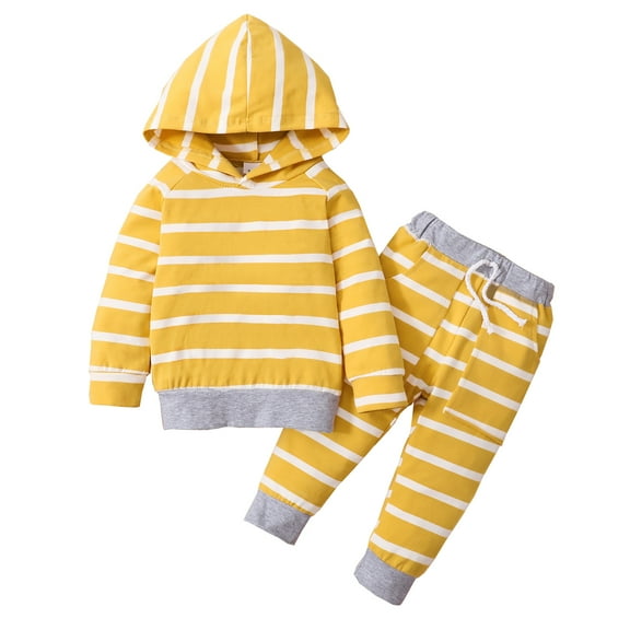 6 Months Baby Boys Outfits 12 Months Boys Fall Winter Clothes Infant Baby Boys Long Sleeve Hooded Top Stripe Pants 2PCS Set Yellow