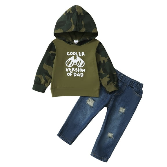 6 Months Baby Boys Outfits 12 Months Boys Fall Winter Clothes Infant Boys Long Sleeve Letter Print Hooded Top Jeans Pants 2PCS Set Green