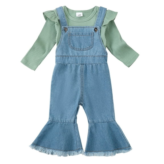 6 Months Baby Girls Clothes 12 Month Girls 2PCS Denim Outfits Set Infant Girls Long Sleeve Top Denim Overall Pants Set Green