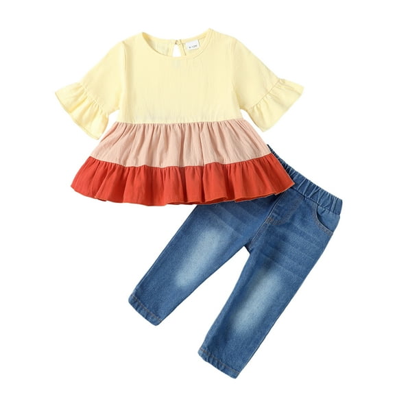 6 Months Baby Girls Clothes 12 Months Girls 2PCS Denim Outfits Set Infant Girls Short Sleeve Top Denim Pants Set Apricot