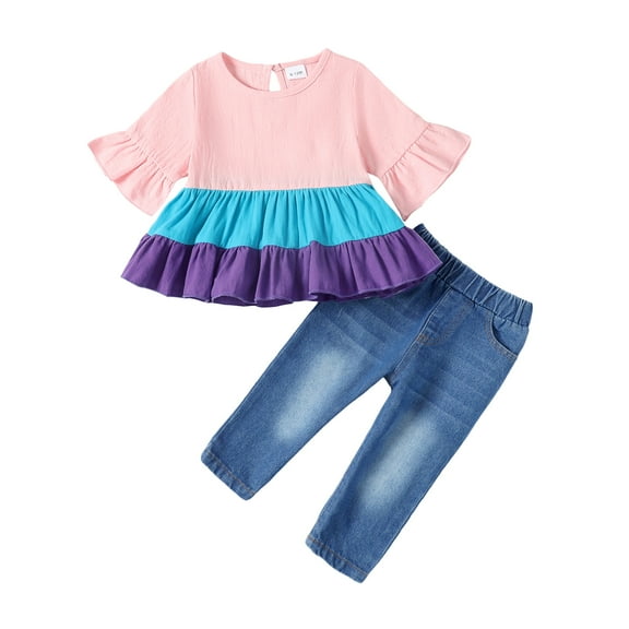 6 Months Baby Girls Clothes 12 Months Girls 2PCS Denim Outfits Set Infant Girls Short Sleeve Top Denim Pants Set Pink