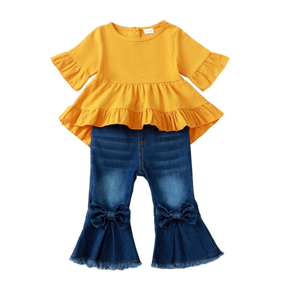 6 Months Baby Girls Clothes 12 Months Girls 2PCS Denim Outfits Set Solid Color Infant Girls Medium Sleeve Top Denim Pants Set Yellow