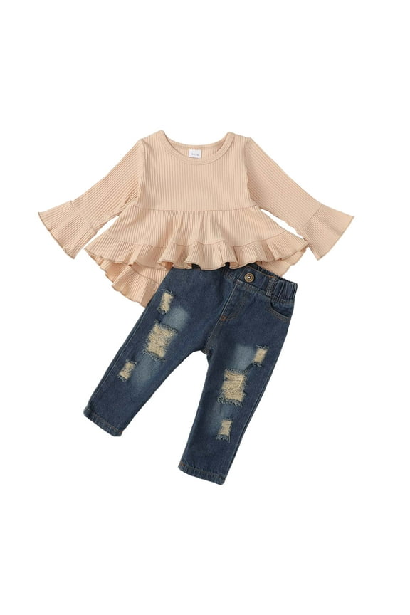 6 Months Baby Girls Clothes 12 Months Girls 2PCS Fall Winter Outfits Set Solid Color Infant Girls Long Sleeve Irregular Top Denim Pants Set Apricot
