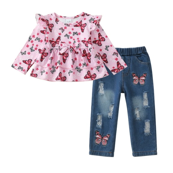 6 Months Baby Girls Clothes 12 Months Girls 2PCS Outfits Set Butterfly Print Infant Girls Long Sleeve Crew Neck Top Denim Pants Set Pink