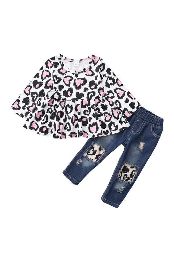 6 Months Baby Girls Clothes 12 Months Girls 2PCS Outfits Set Leopard Print Infant Girls Long Sleeve Top Denim Pants Set Multicolor