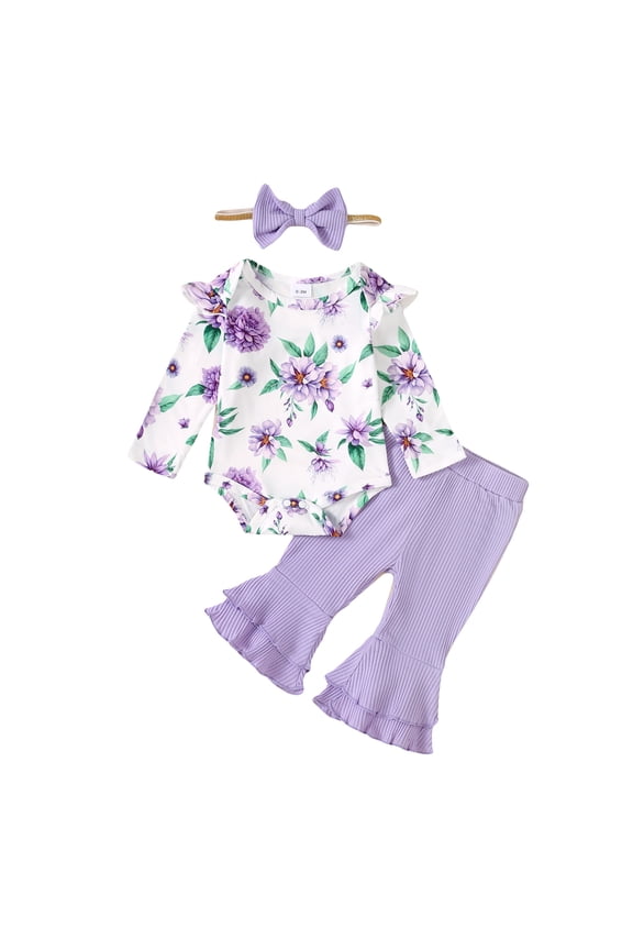 6 Months Baby Girls Clothes 12 Months Girls 3PCS Fall Winter Outfits Set Flower Print Infant Girls Long Sleeve Top Pants Set with Headband Purple