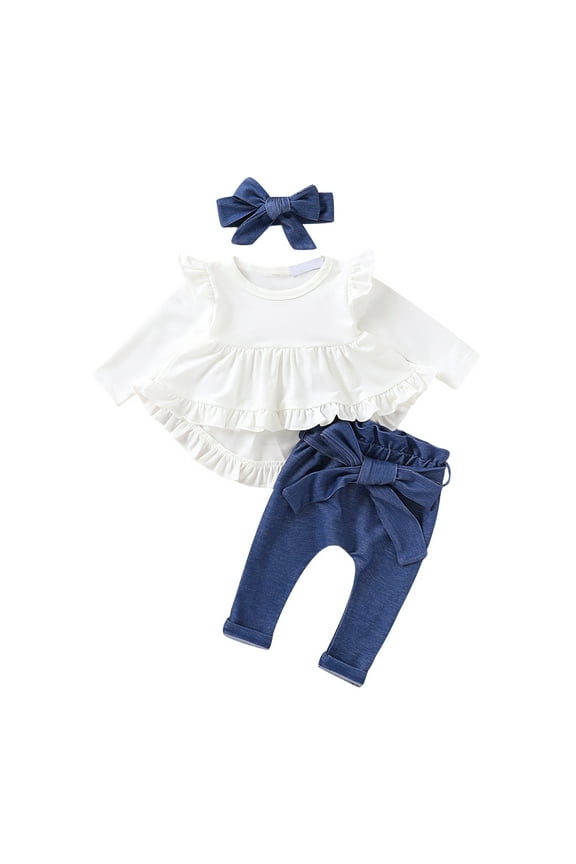 6 Months Baby Girls Clothes 12 Months Girls 3PCS Fall Winter Outfits Set Infant Girls Long Sleeve Irregular Top Denim Pants Set with Headband White