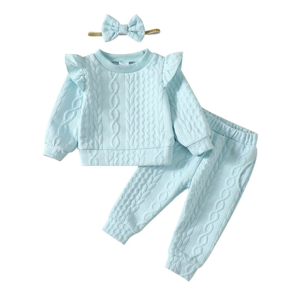 6 Months Baby Girls Clothes 12 Months Girls 3PCS Fall Winter Outfits Set Solid Color Round Neck Infant Girls Long Sleeve Top Pants Set with Headband Blue