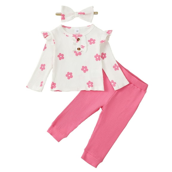 6 Months Baby Girls Clothes 12 Months Girls 3PCS Outfits Set Flower Print Infant Girls Long Sleeve Top Pants Set with Headband Pink