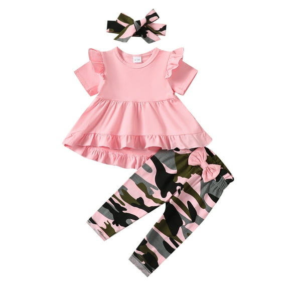 6 Months Baby Girls Clothes 12 Months Girls 3PCS Outfits Set Infant Girls Short Sleeve Irregular Top Camo Pants Set with Headband Pink