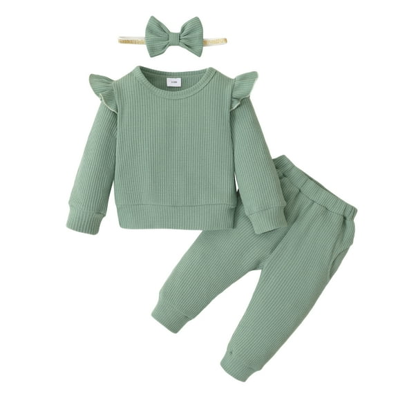 6 Months Baby Girls Clothes 12 Months Girls 3PCS Outfits Set Solid Color Infant Girls Long Sleeve Top Pants Set with Headband Green