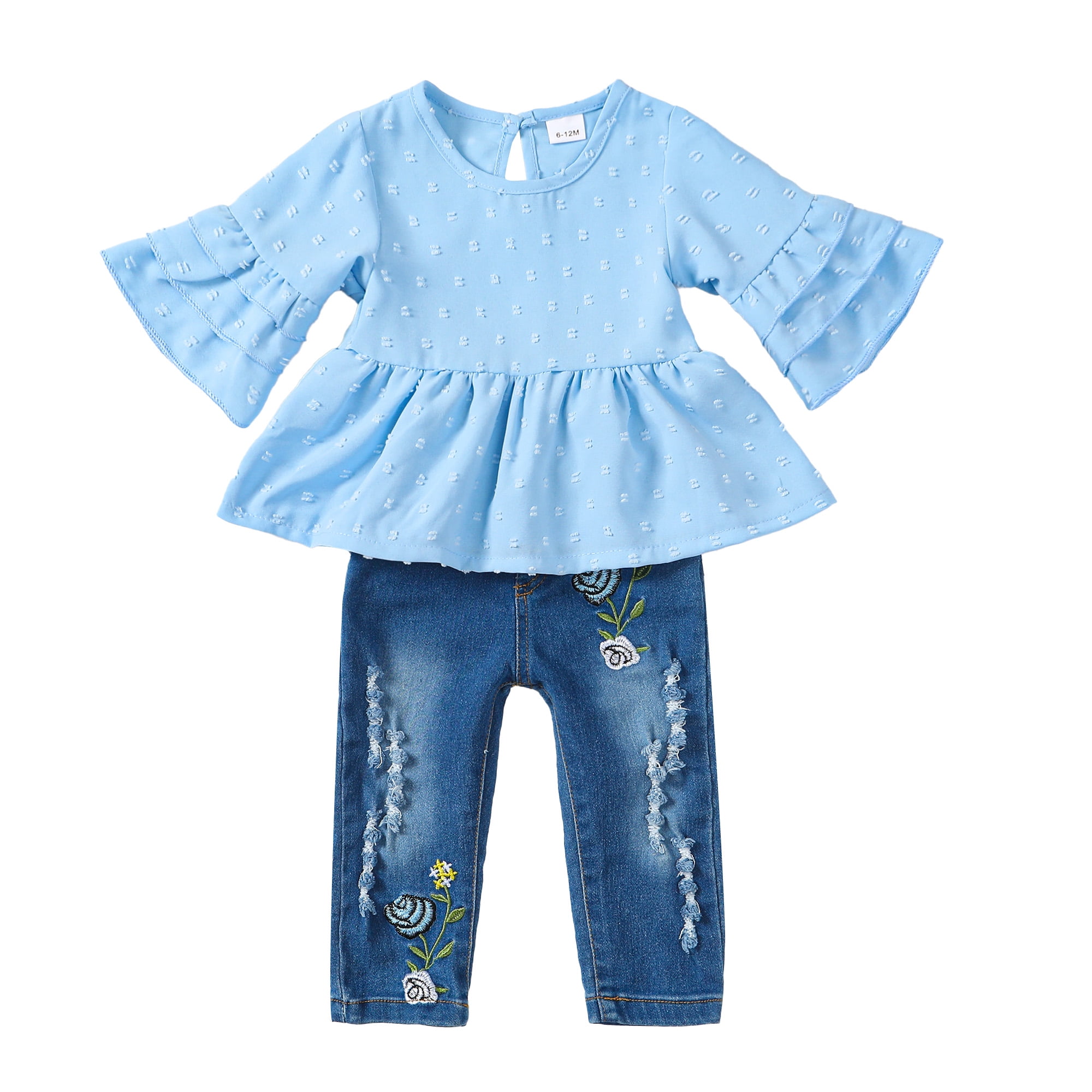 6 Months Baby Girls Clothes 12 Months Girls Denim Pant Set Outfits Set Infant Girls Medium Sleeve Solid Color Top Jeans Pants 2PCS Set Blue