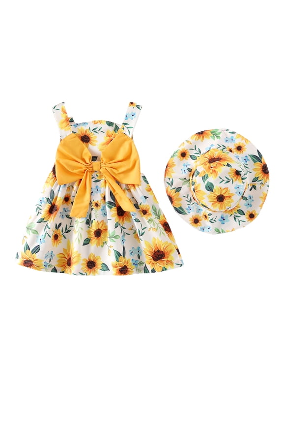 6 Months Baby Girls Clothes 12 Months Girls Dress Infant Girls Sleeveless Cute Bowknot Dress Suspender Floral Dress Hat 2PCS Set Yellow