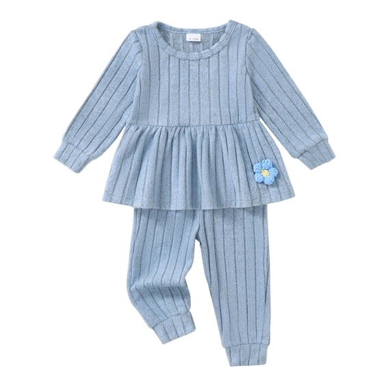6 Months Baby Girls Clothes 12 Months Girls Fall Winter Outfits Set Solid Color Infant Girl Long Sleeve Sweatshirt Top Pants Set Light Blue