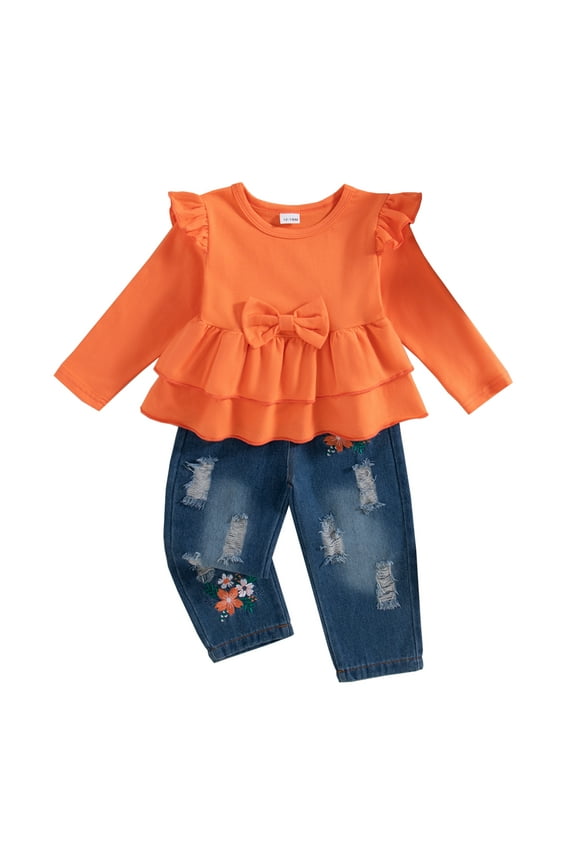 6 Months Baby Girls Clothes 12 Months Girls Fall Winter Pant Set Infant Girls Long Sleeve Round Neckline Solid Color Top Jeans Pants 2PCS Outfits Set Orange