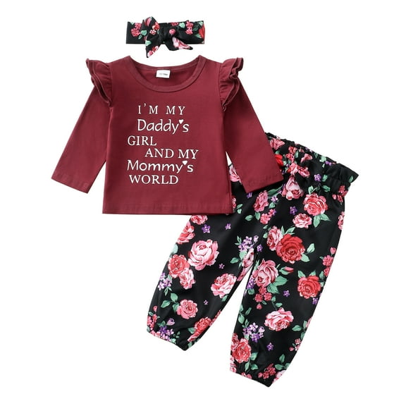 6 Months Baby Girls Clothes 12 Months Girls Pant Set Infant Girls Long Sleeve Letter Print Top Floral Pants Headband 3PCS Set Red