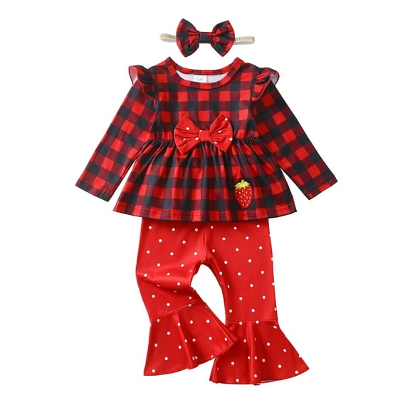 6 Months Baby Girls Clothes 12 Months Girls Pant Set Infant Girls Long Sleeve Round Neckline Plaid Top Pants Headband 3PCS Outfits Set Red
