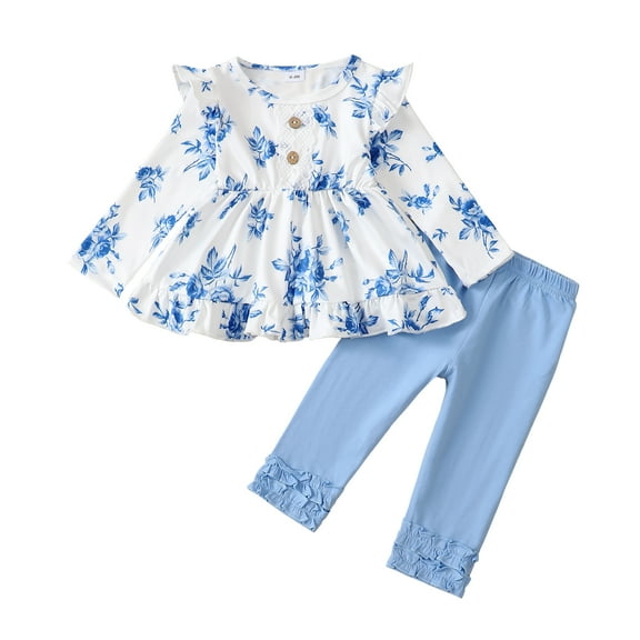 6 Months Baby Girls Clothes 9 Months Girls 2PCS Fall Winter Outfits Set Infant Girls Long Sleeve Floral Top Pants Set Blue