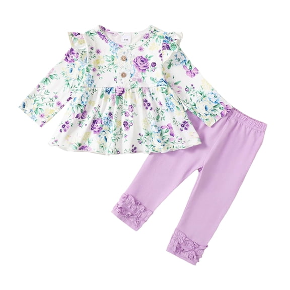 6 Months Baby Girls Clothes 9 Months Girls 2PCS Outfits Set Flower Print Infant Girls Long Sleeve Top Pants Set Purple