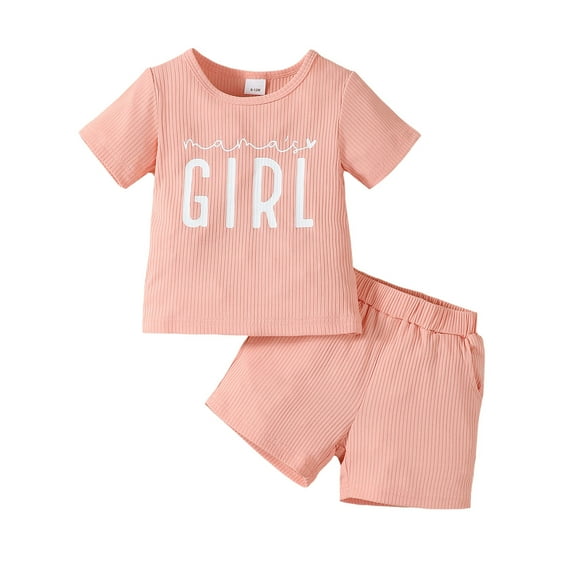 6 Months Baby Girls Clothes 9 Months Girls 2PCS Summer Outfits Set Letter Print Round Neck Infant Girls Short Sleeve Top Shorts Set Light Pink