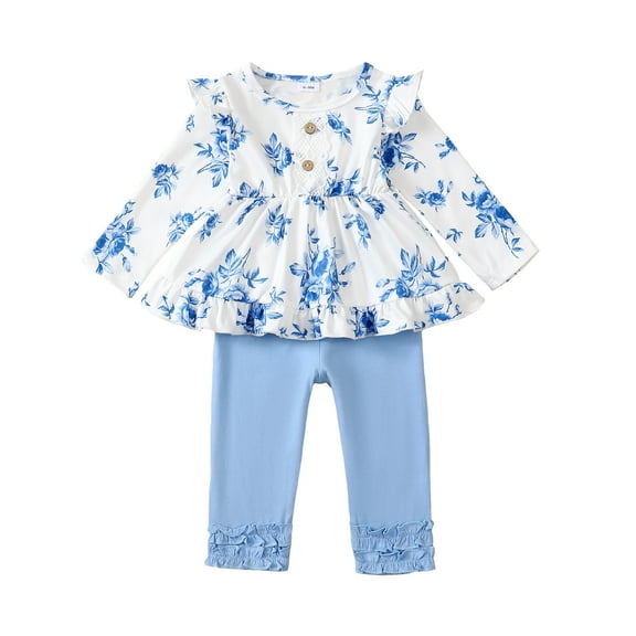 6 Months Baby Girls Clothes 9 Months Girls Pant Set Infant Girls Long Sleeve Round Neckline Floral Top Pants 2PCS Set Blue