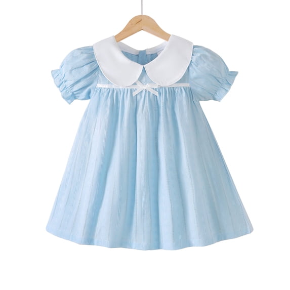 6 Months Baby Girls Dress 12 Months Girls Short Sleeve Dress Peter-Pan Collar Bubble Sleeve Infant Girls Summer Solid Color Dress Blue