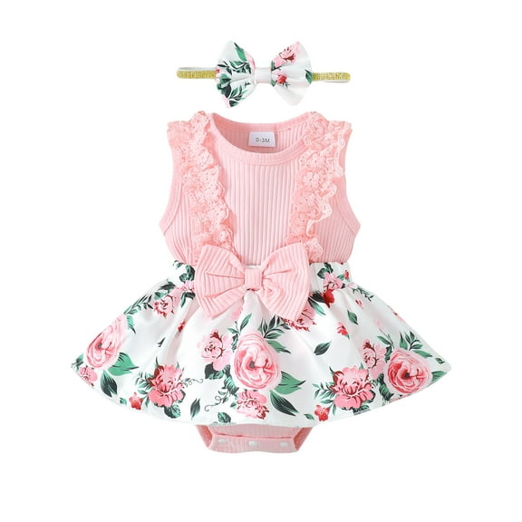 6 Months Baby Girls Dress 12 Months Girls Sleeveless Dress Flower Print Infant Girls Summer Floral Dress with Headband Pink
