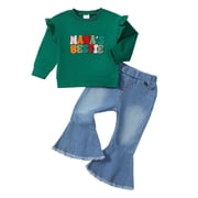 6 Months Baby Girls Outfits 12 Months Girls Fall Winter Clothes Infant Girls Ruffle Long Sleeve Cute Top Jeans Bell-bottomed Pants 2PCS Set Green