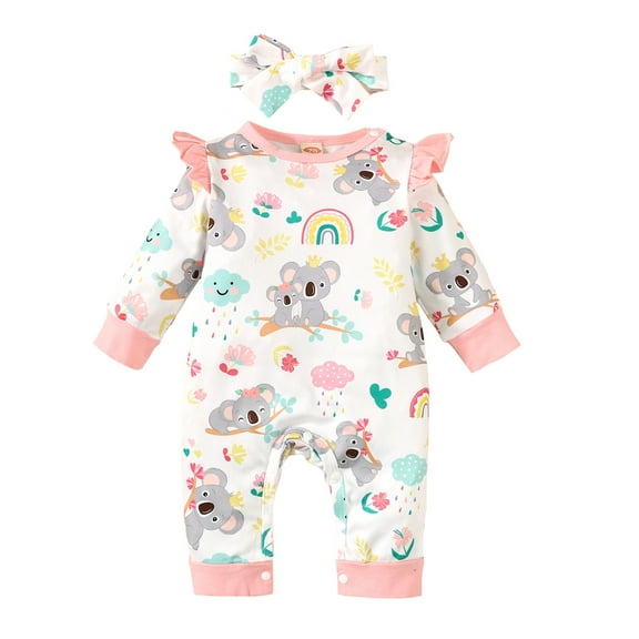 6 Months Baby Girls Romper 9 Months Girls One-piece Bodysuit Round Neck Infant Girls Long Sleeve Bodysuit with Headband Pink