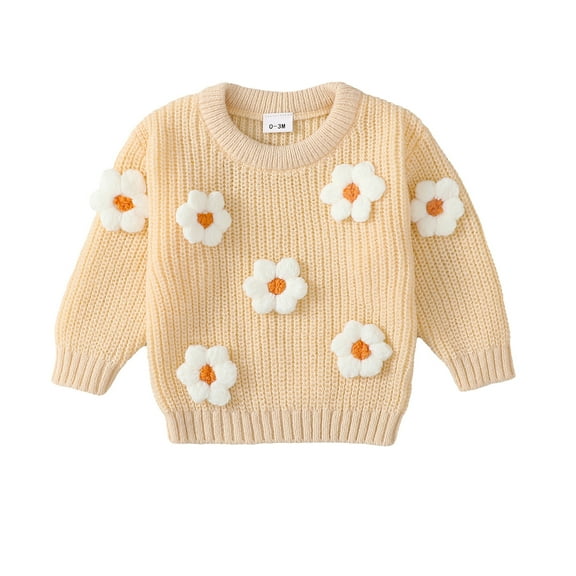 6 Months Baby Girls Sweaters 12 Months Girls Fall Winter Sweaters Solid Color Cute Flower Round Neck Infant Girls Long Sleeve Sweaters Apricot
