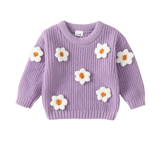 6 Months Baby Girls Sweaters 12 Months Girls Fall Winter Sweaters Solid Color Cute Flower Round Neck Infant Girls Long Sleeve Sweaters Purple
